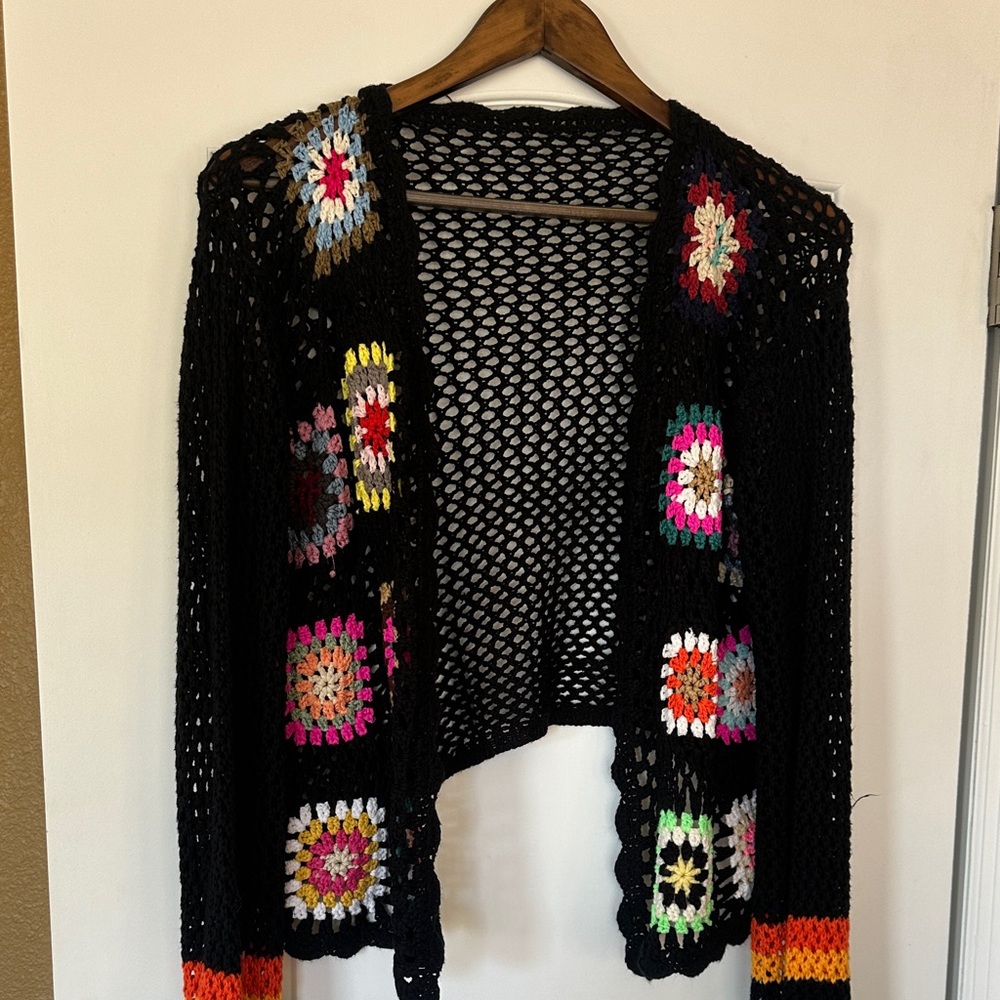 Colorful Crochet Open-Front Sweater